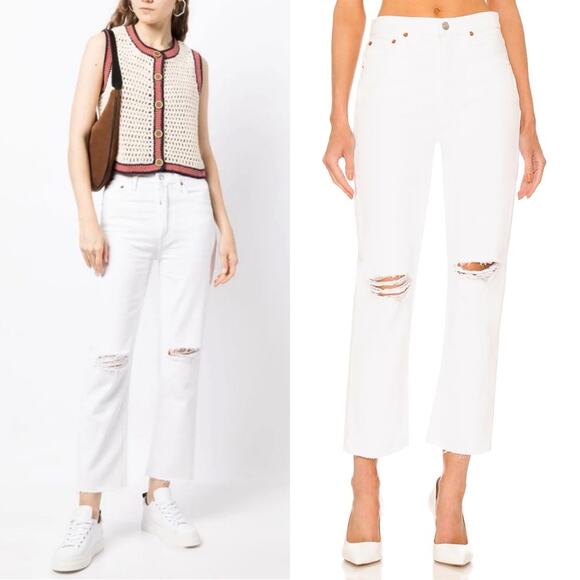NWT Re/Done 70s Stove Pipe Straight Jeans in White Destroyed sz 31 - Picture 1 of 10